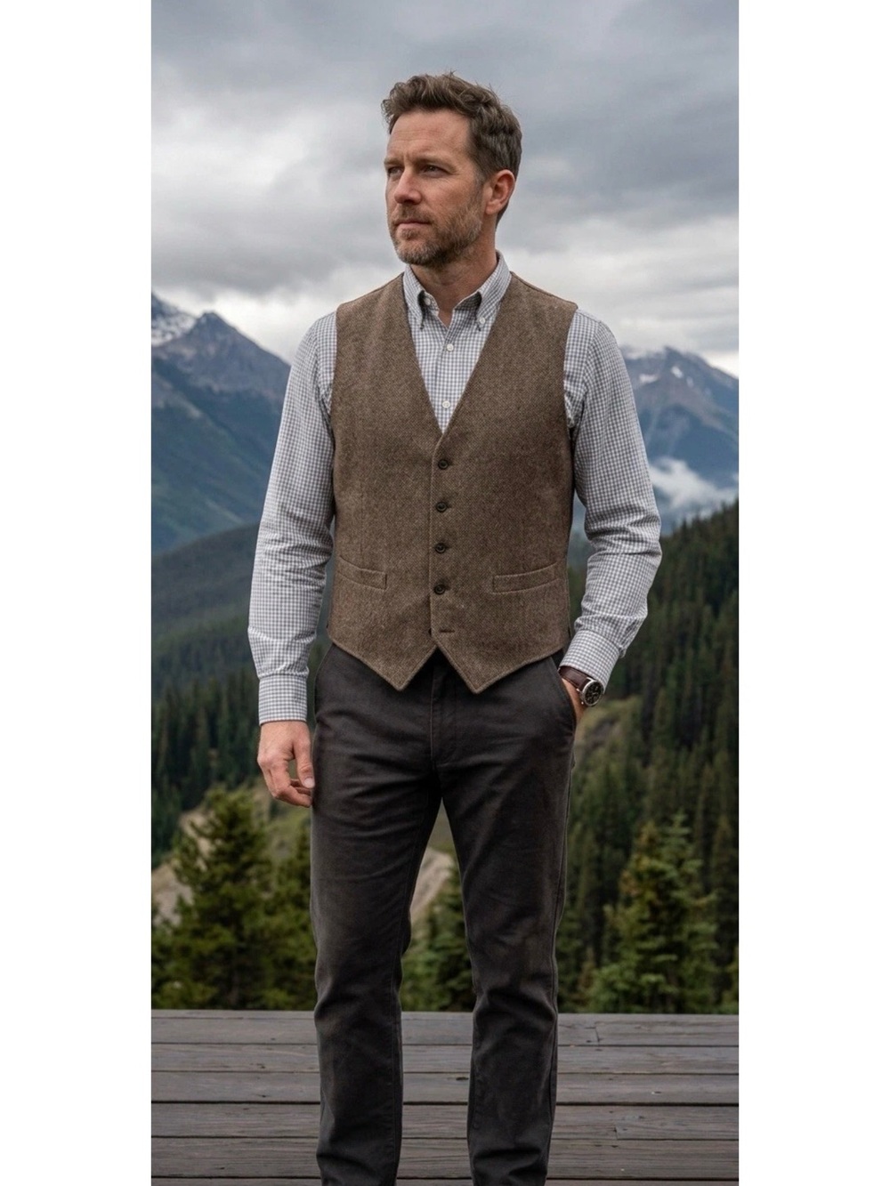 Men's Brown Wool Vest - Classic Tailored Waistcoat